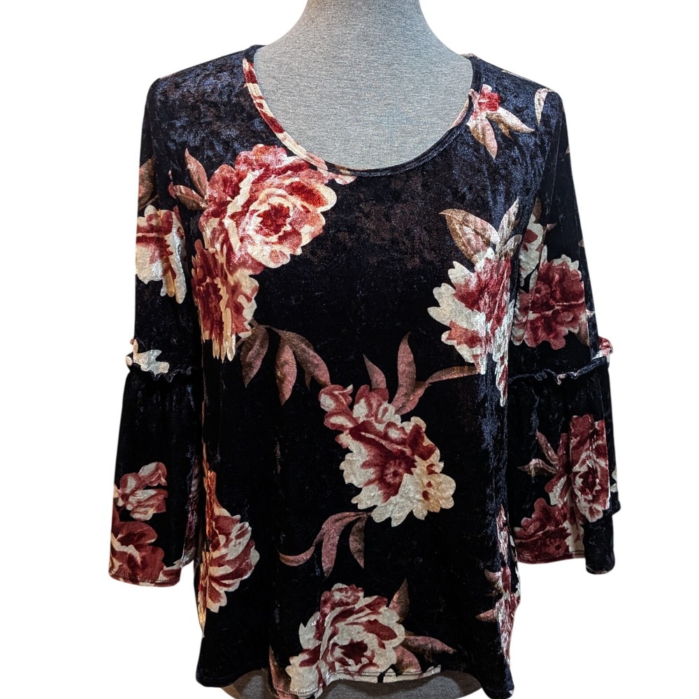 Boho Cottagecore Prairie M Navy Blue Velvet Floral Bell Ruffle Sleeve Sweet Top - Picture 2 of 9